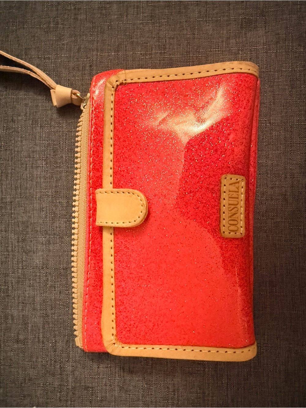 Consuela Glitter Coral Zip-Around Wallet with Tan Trim